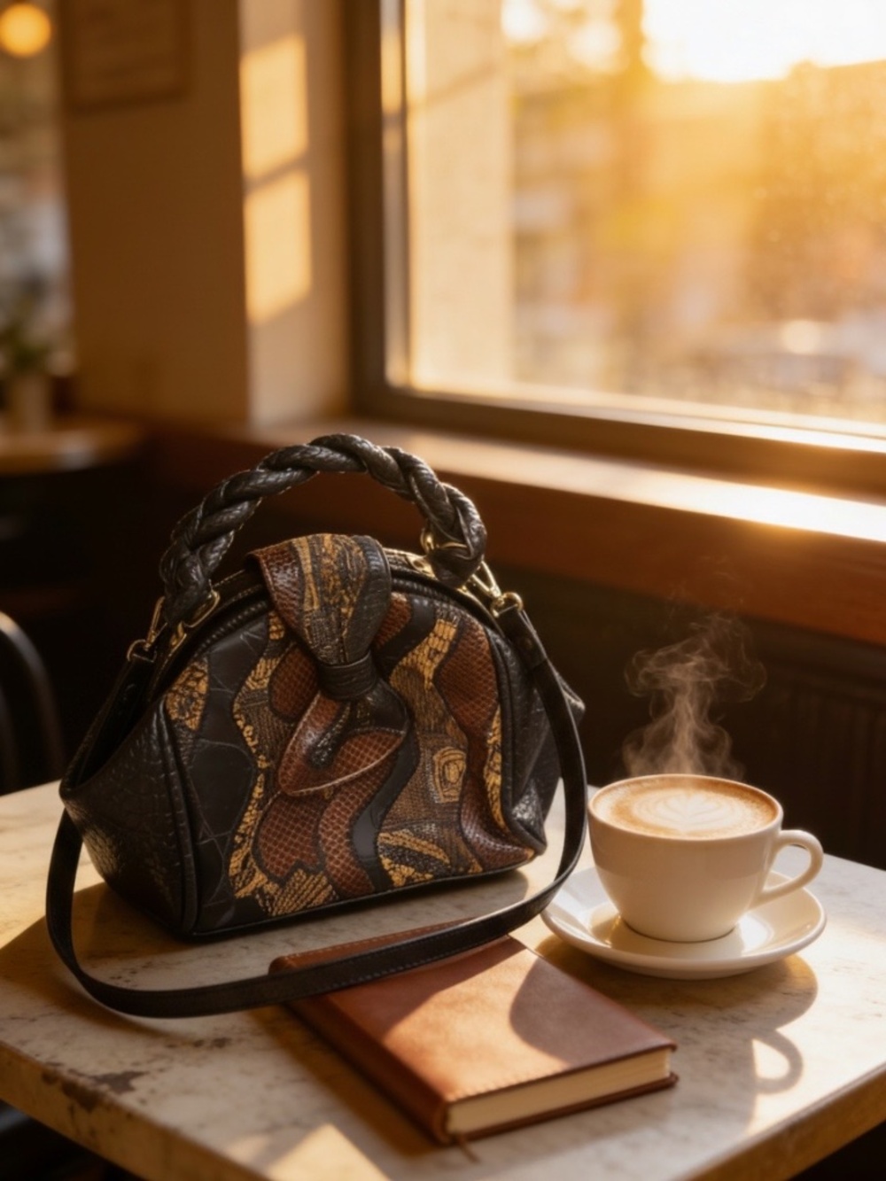 Vintage Leather Patchwork Handbag with Reptile Texture and Braided Handle